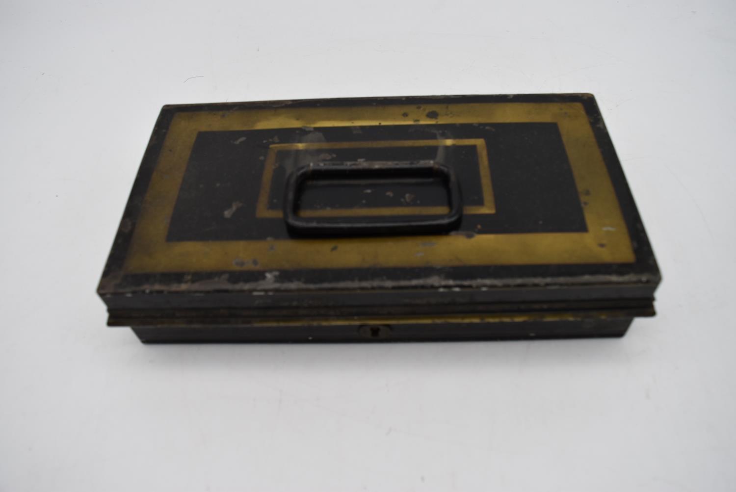 A 19th century heavy metal strong box with brass carrying handle and key and a collection of five - Image 4 of 13