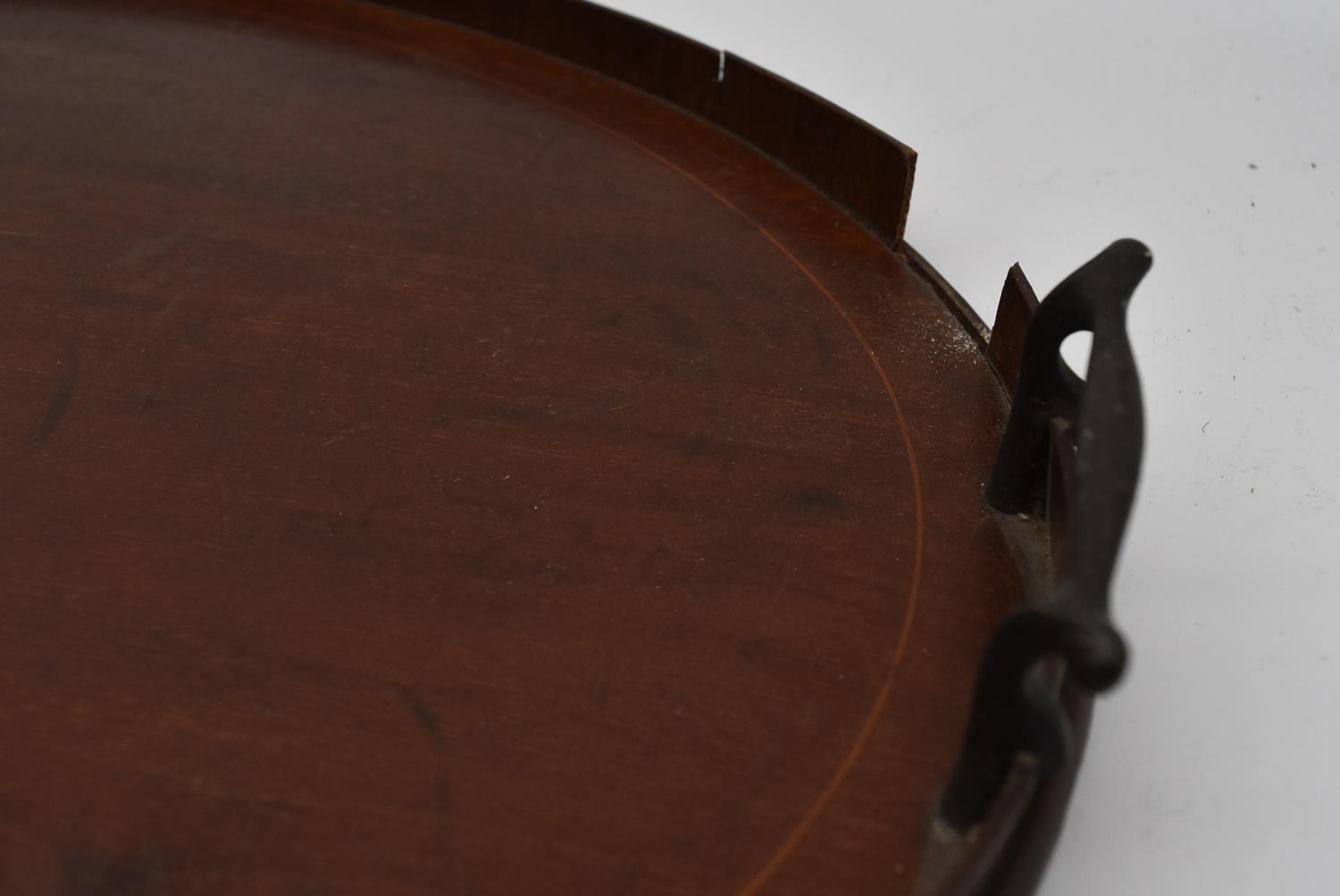 A late 19th century mahogany and satinwood inlaid twin handled tray and two other similar trays. L. - Image 3 of 9