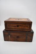 A 19th century yew, bird's eye maple, ebony and satinwood inlaid jewellery box and a 19th century