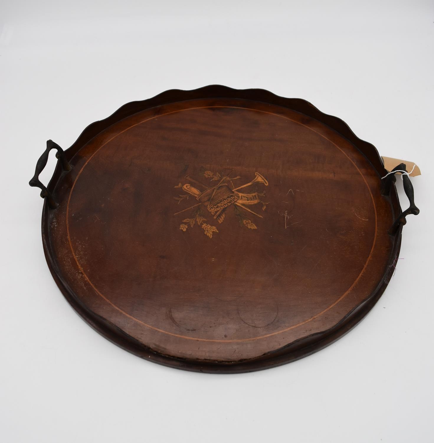 A late 19th century mahogany and satinwood inlaid twin handled tray and two other similar trays. L. - Image 6 of 9