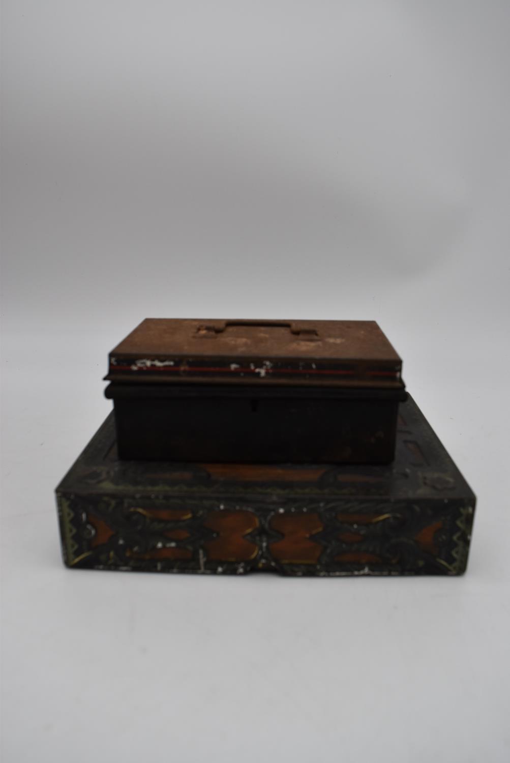 A 19th century heavy metal strong box with brass carrying handle and key and a collection of five - Image 2 of 13