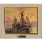 A gilt framed oil on board, sailing ship, indistinctly signed 40cm x 45cm.