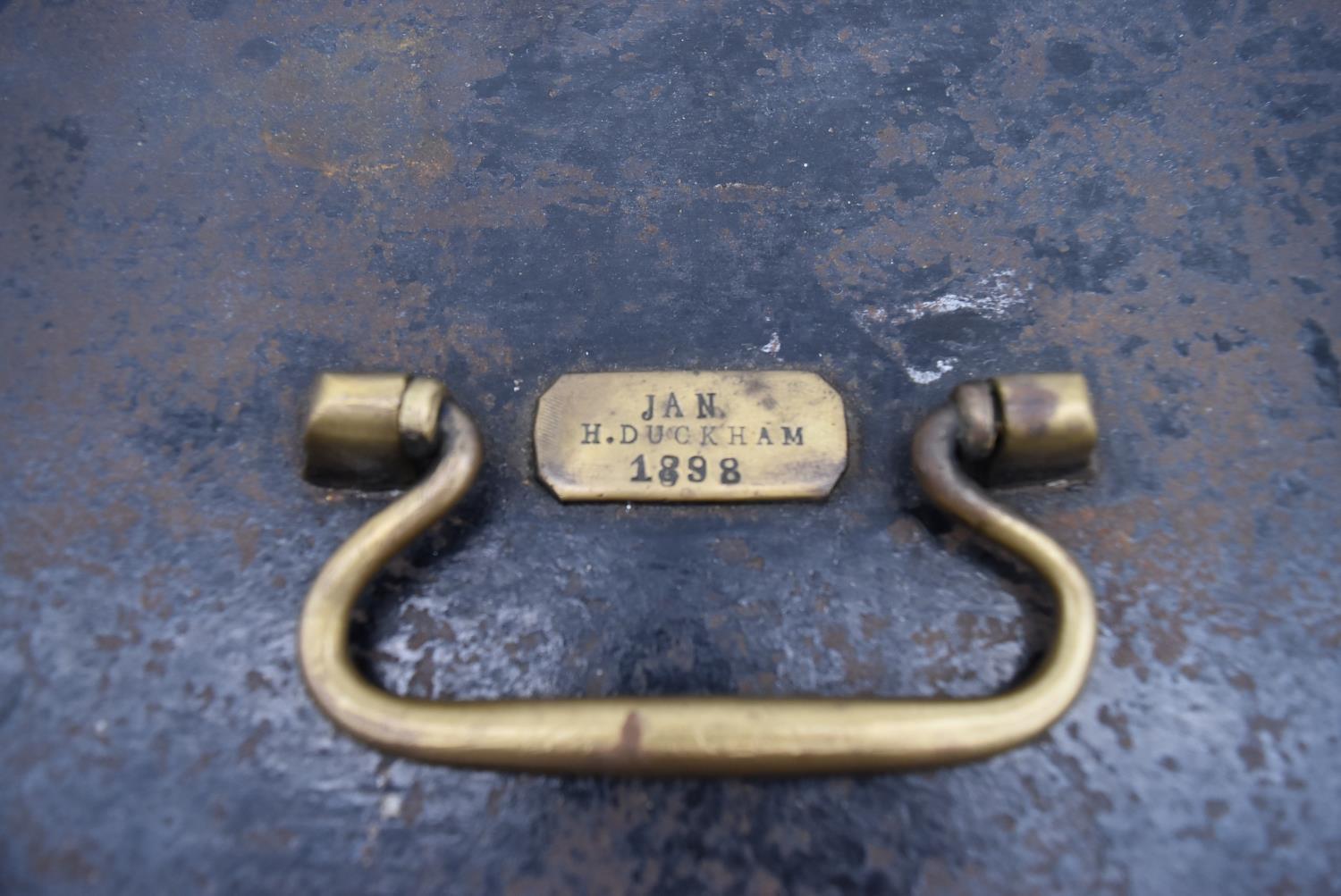 A 19th century heavy metal strong box with brass carrying handle and key and a collection of five - Image 11 of 13