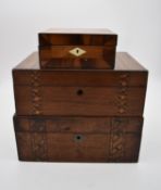 A 19th century burr walnut and crossbanded jewellery box snd two other 19th century Tunbridgeware