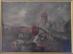 A gilt framed and glazed oil on board, windmill and village, figures in the foreground by a