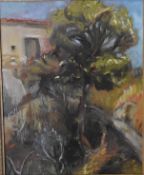 A gilt framed oil on board, impressionist style tree with building to the background. H.54x50cm