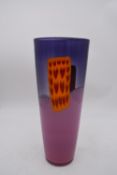 An art glass purple, pink orange and red abstract design vase by Australian artist Tricia Allen. H.