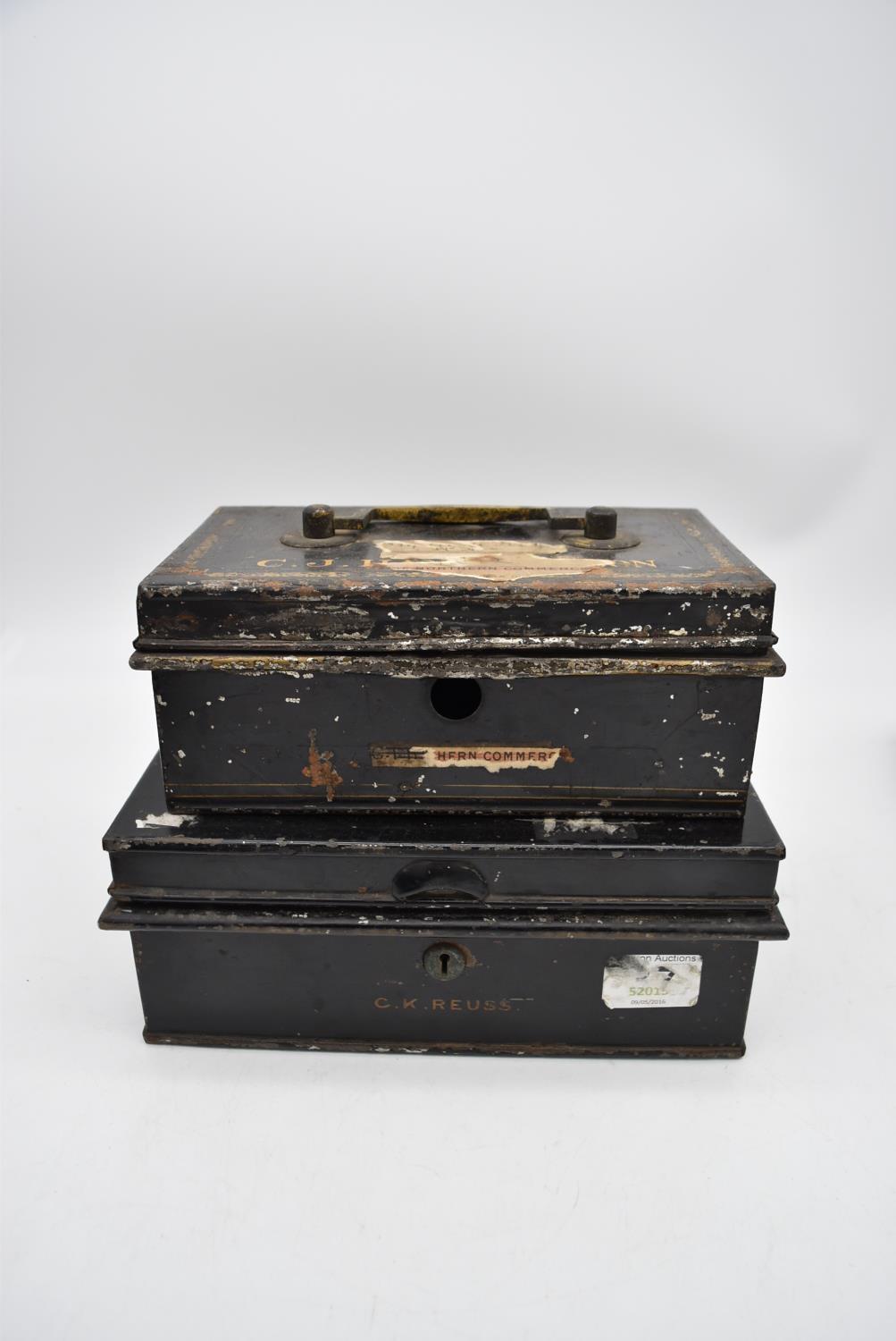 A 19th century heavy metal strong box with brass carrying handle and key and a collection of five - Image 6 of 13