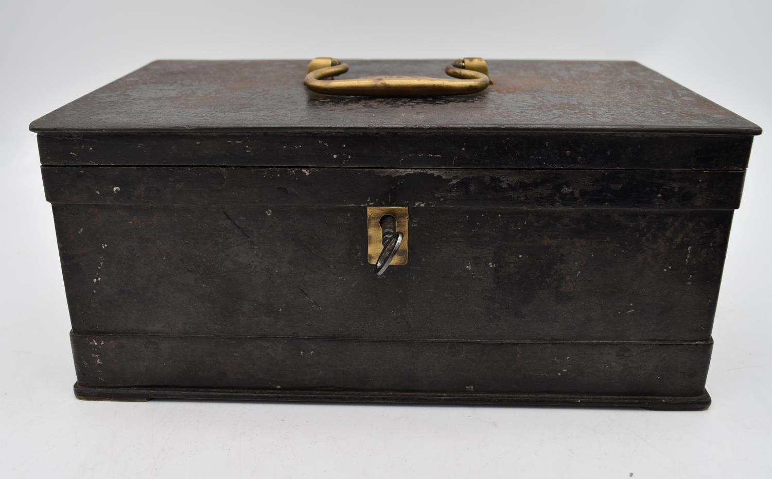 A 19th century heavy metal strong box with brass carrying handle and key and a collection of five - Image 7 of 13