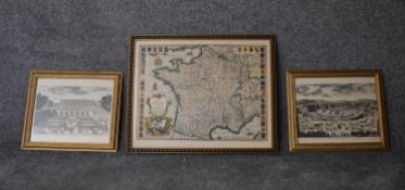 A pair of gilt framed and glazed prints, Versailles and a framed and glazed print of France. H.