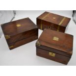 A 19th century brass bound walnut writing slope and two other similar boxes. H.15x35cm