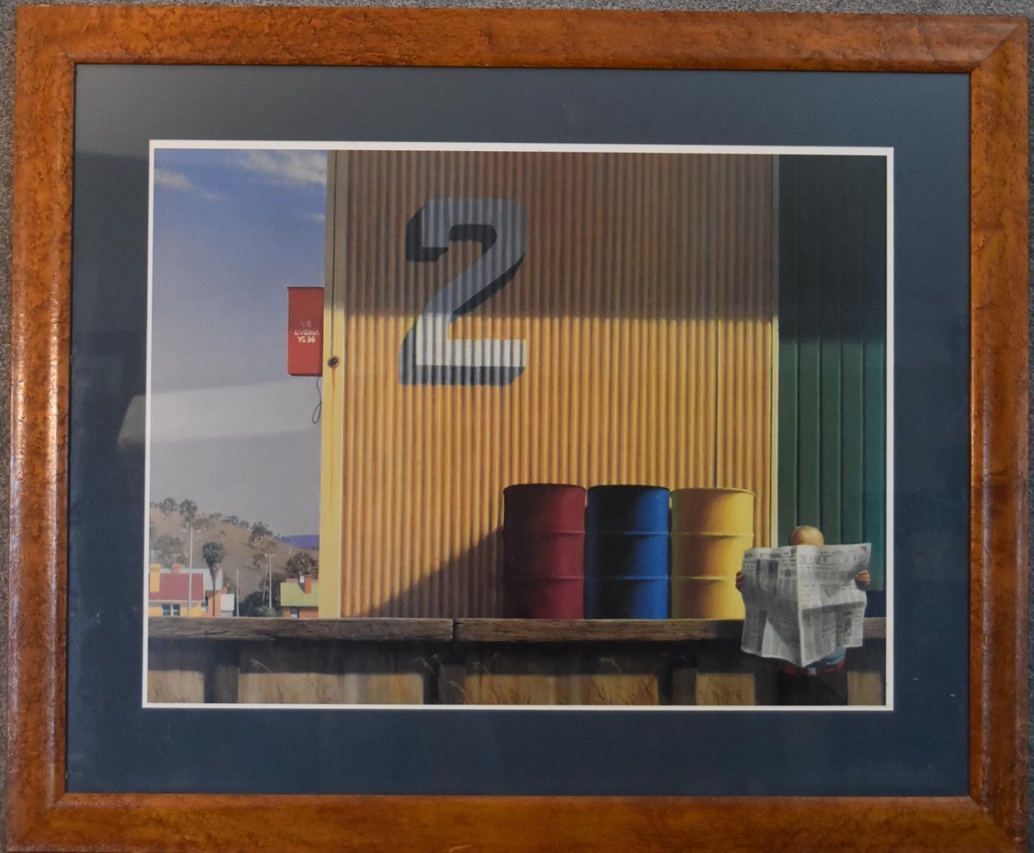 A large glazed print in bird's eye maple frame, Australian goods platform. H.94x110cm - Image 2 of 3