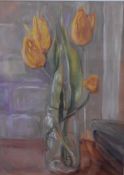 A gilt framed and glazed oil on canvas, still life tulips. H.58x67cm