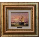 A gilt framed oil on canvas, sailing ships, signed. H.40x45cm