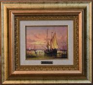 A gilt framed oil on canvas, sailing ships, signed. H.40x45cm