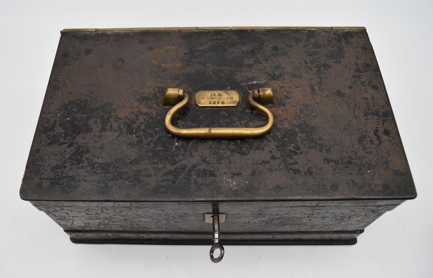 A 19th century heavy metal strong box with brass carrying handle and key and a collection of five - Image 9 of 13