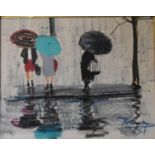 A mid 20th century watercolour, umbrellas on a rainy day, signed and dated. H.55x65cm