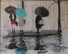 A mid 20th century watercolour, umbrellas on a rainy day, signed and dated. H.55x65cm