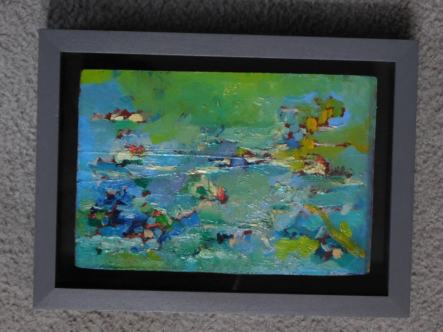 A framed and glazed abstract oil on canvas. H.19xW.26cm - Image 2 of 3