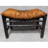 A Chinese bamboo stool on stretchered circular section supports. H.45 W.70 D.40cm
