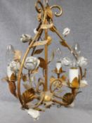 A vintage Italian gilt metal foliate chandelier with white painted metal rose buds H.40 W.31cm