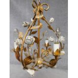 A vintage Italian gilt metal foliate chandelier with white painted metal rose buds H.40 W.31cm