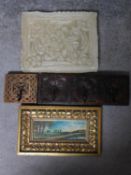 A miscellaneous collection of items, to include two hardwood carved hangers, a wax carving and a