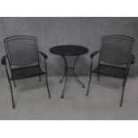 A pair of contemporary metal garden chairs together with a matching table. H.90cm (table)