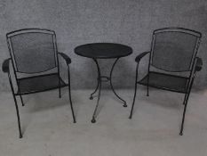 A pair of contemporary metal garden chairs together with a matching table. H.90cm (table)