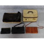 A collection of vintage bags, one alligator, a canvas and leather travelling jewellery case with