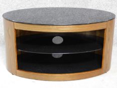 A contemporary teak and glass TV stand with open shelves. H.41 W.80 D.46cm