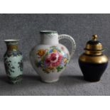 A Ulmer Keramie West German hand painted jug with floral design, makers mark to base, a Rosenthal