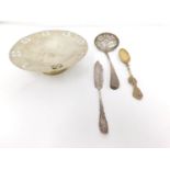 A collection of silver and silver plate including a pierced silver plate pedestal dish, a gilded