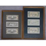 Two sets of framed and and glazed foreign bank notes. 42x28cm