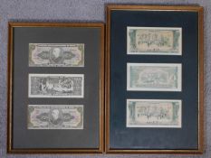 Two sets of framed and and glazed foreign bank notes. 42x28cm