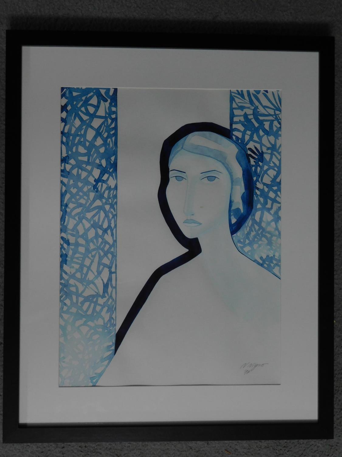 A framed and glazed acrylic ink on paper by Danish artist Natalie Nigro, titled 'Dubai blue', - Image 2 of 4