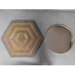 A hexagonal inlaid wall art plaque along with a circular metal framed mirror. 106x92cm