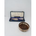 A vintage silver and ivory ceremonial leather effect cased trowel and wine coaster. Trowel has