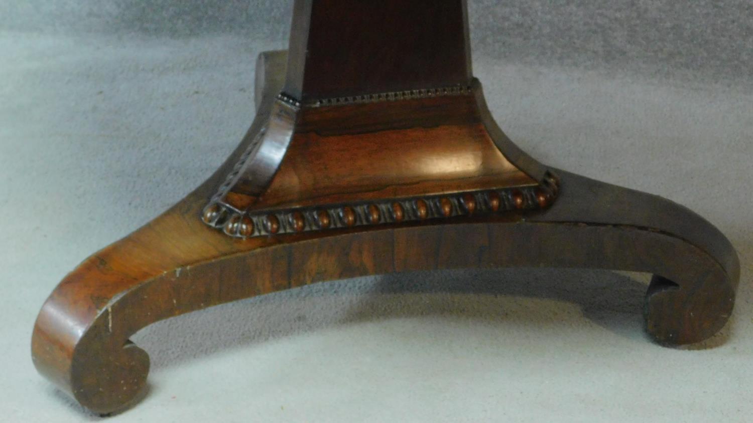 A Regency rosewood circular tilt top loo table on pedestal tripod base. H.73 L.123 W.123cm - Image 4 of 7