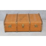 A teak bound and canvas covered Kirkwood travelling trunk fitted with lift out tray. H.30xW.90xD.