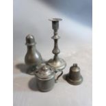 A collection of antique pewter items. Including a candle stick, mustard pot with blue ceramic liner,