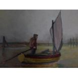 A framed oil on board by British artist John V Owen, titled Driftwood Man, signed by artist. 56x76cm