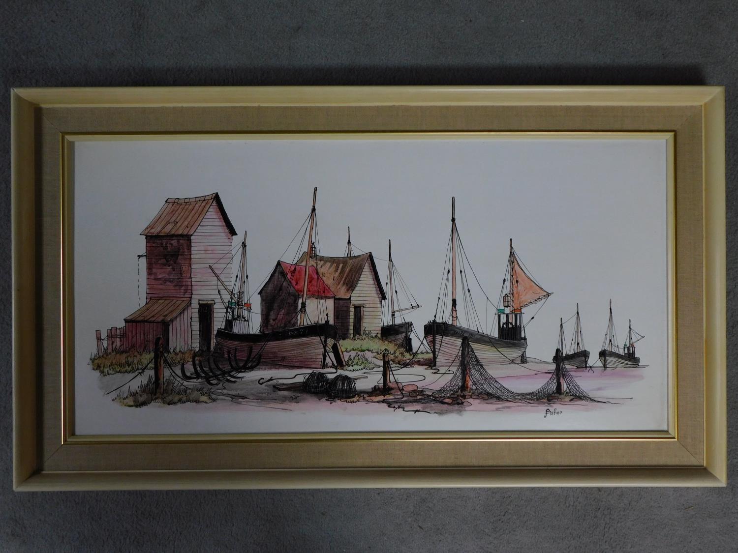 A framed acrylic and ink wash on board of a fishing village, signed Fisher. 106x60cm