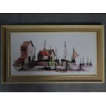 A framed acrylic and ink wash on board of a fishing village, signed Fisher. 106x60cm