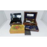 A collection of costume jewellery and jewellery boxes. Including a wooden box with floral design a