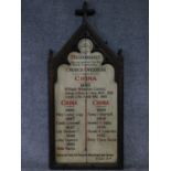 A late 19th century carved oak Gothic style board with crucifix motif painted with a list of