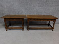 An antique style country oak low coffee table together with a matching smaller example. H.43 W.91