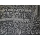 A framed and glazed lithograph titled 'A view of the shocking confusion at Saddlers Wells' published