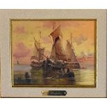 A gilt framed oil on board, sailing ship, indistinctly signed 40cm x 45cm.