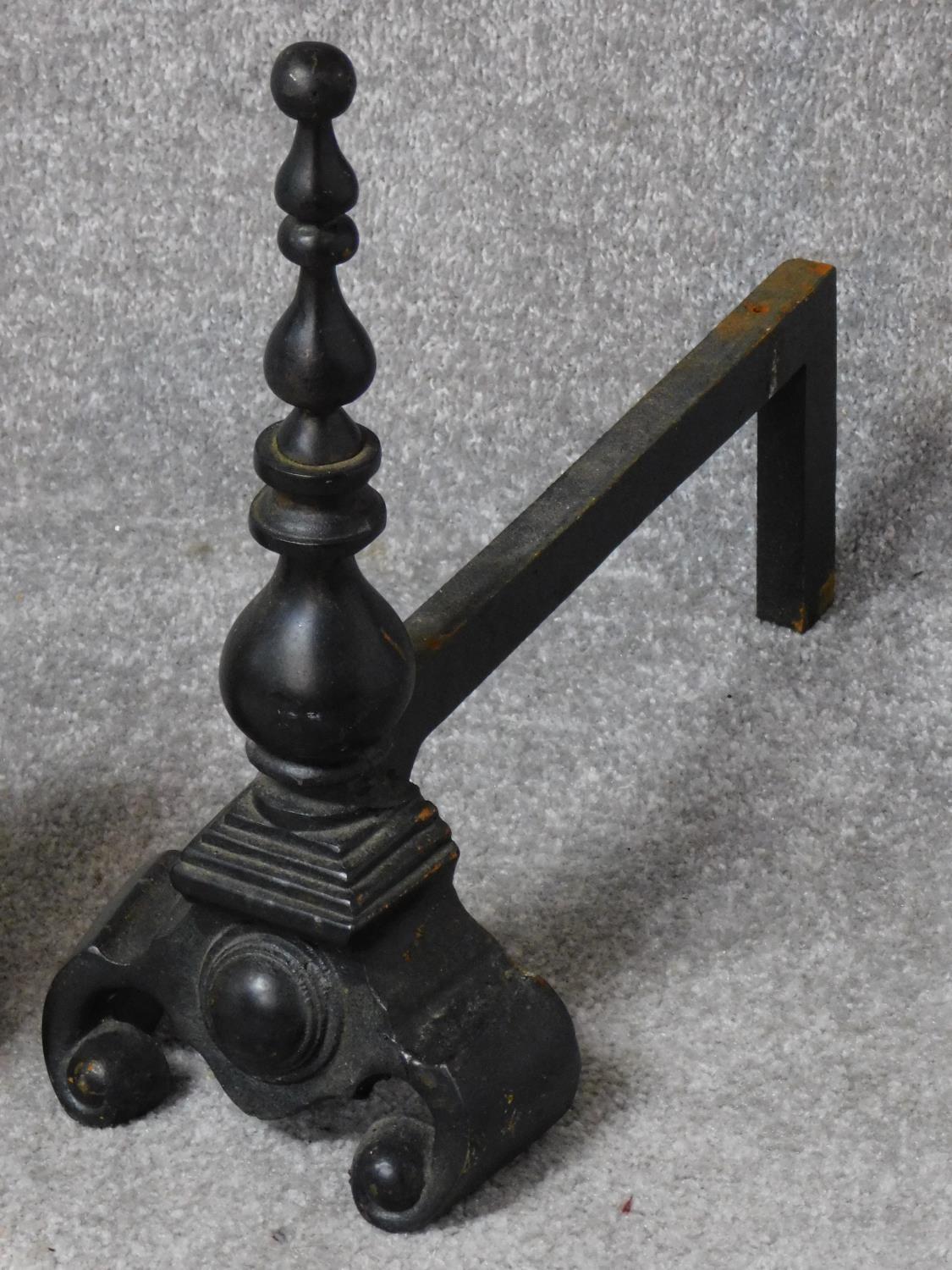 A 19th century brass fire kerb together with a pair of andirons. H.110cm - Image 2 of 4